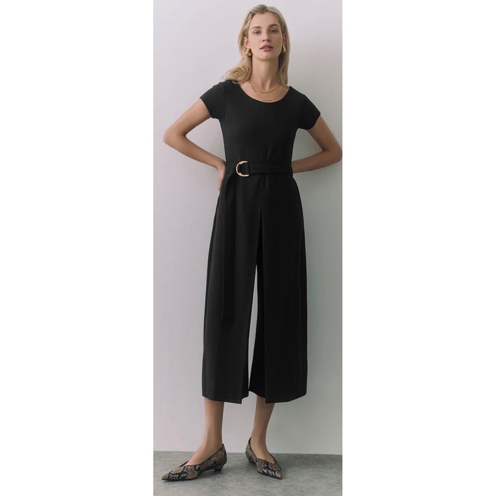 Cuyana Ponte Pleated Jumpsuit Black Short Sleeve Belted Wide Leg XS NEW